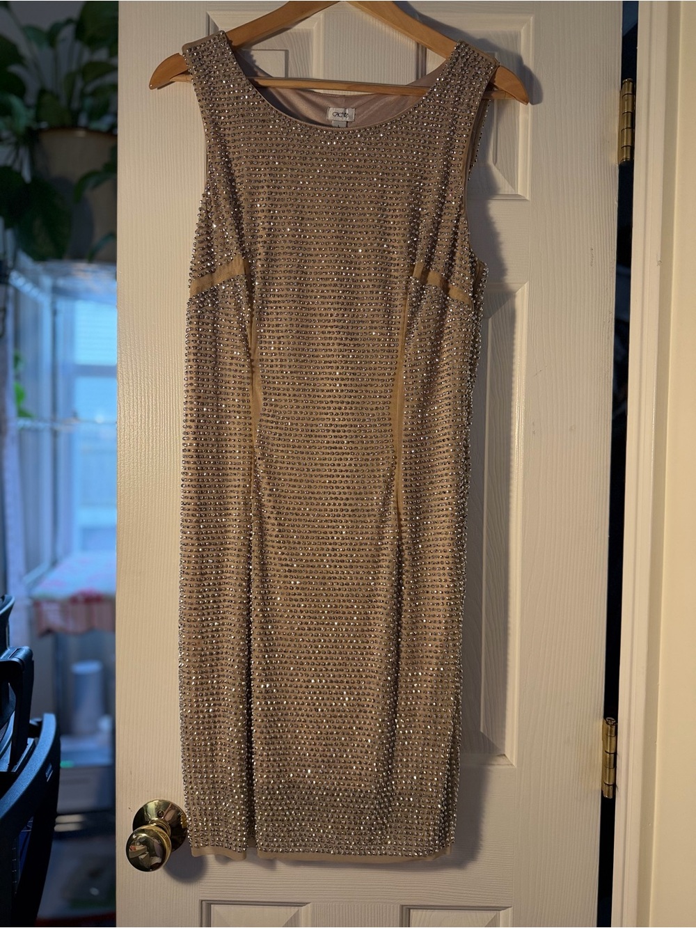 Vintage Caché Silver Beaded Mini Dress Metallic Embellished Y2K Made USA L